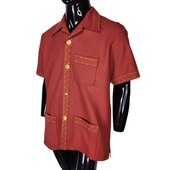 Vintage MCM Wood Buttons Radio Wave Stitch Men's Tiki Rockabilly Camp Shirt L/XL - Picture 4 of 9